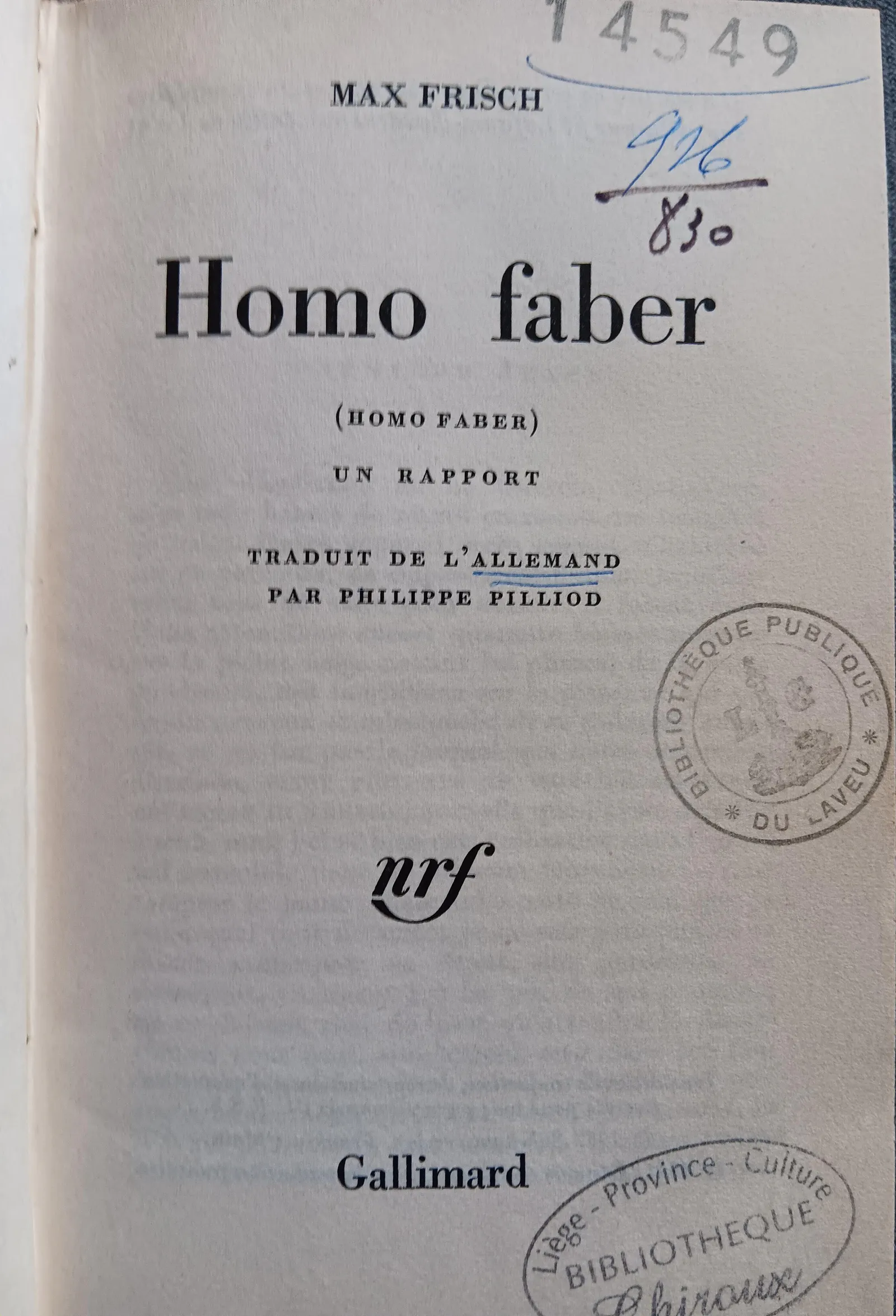 Max Frisch: Homo Faber (French language, Éditions Gallimard)