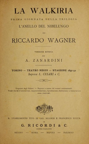 Richard Wagner: La Walkiria (Italian language, 1891, R. Stabilimento T. di G. Ricordi e F. Lucca di G. Ricordi)