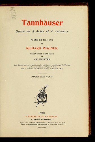 Richard Wagner: Tannhäuser (French language, 1890, A. Durand et fils)