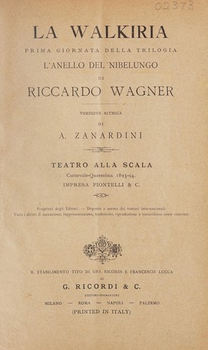 Richard Wagner: La Walkiria (Italian language, 1893, R. Stabilimento Tito di Gio. Ricordi e Francesco Lucca di G. Ricordi & C.)