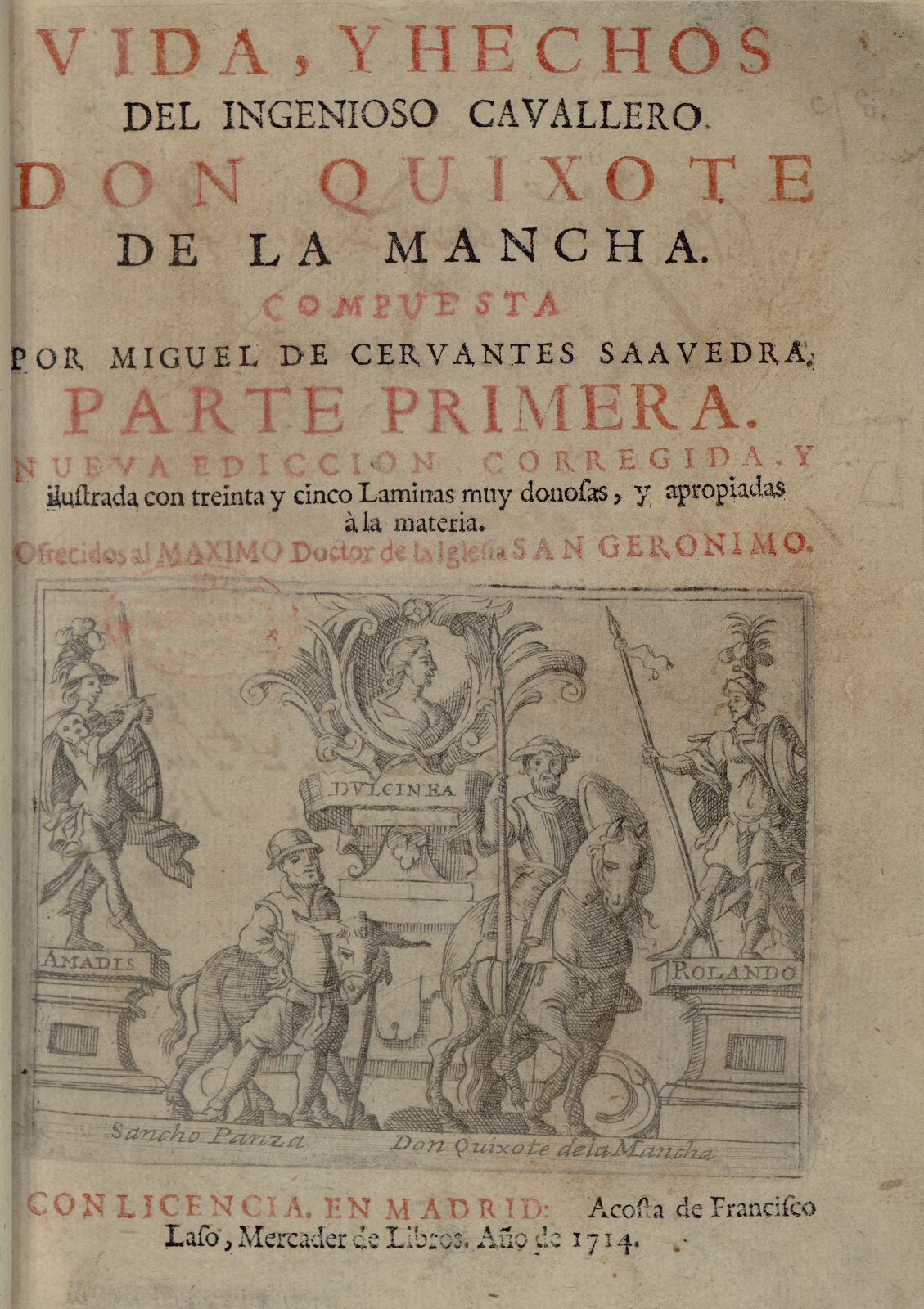 Miguel de Cervantes Saavedra: Vida, y hechos del ingenioso cavallero Don Quixote de la Mancha (Spanish language, 1714)